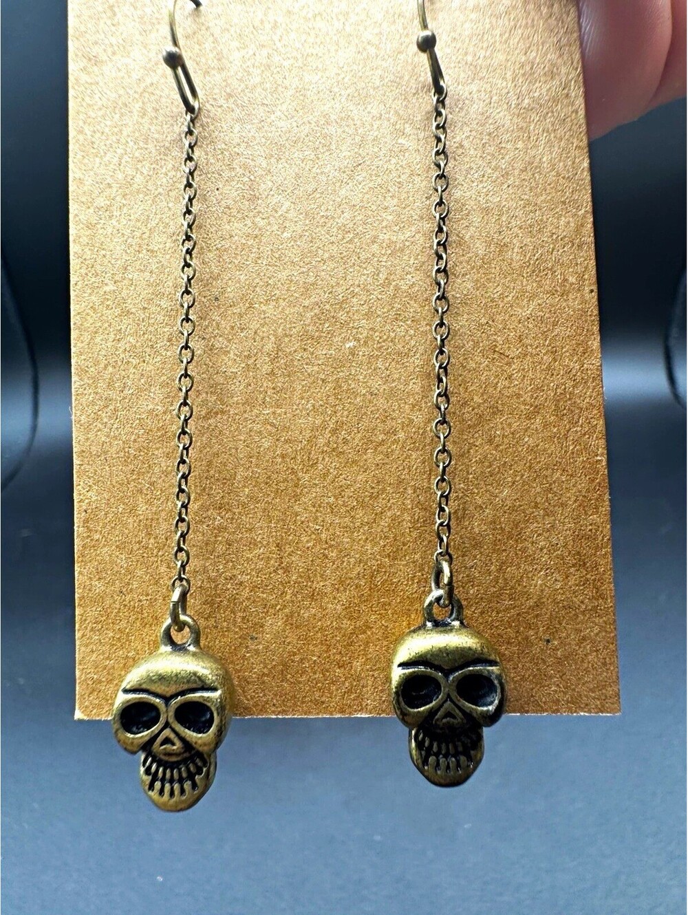 Antique Bronze Skull Long Dangle Earrings Gothic Halloween Punk Biker